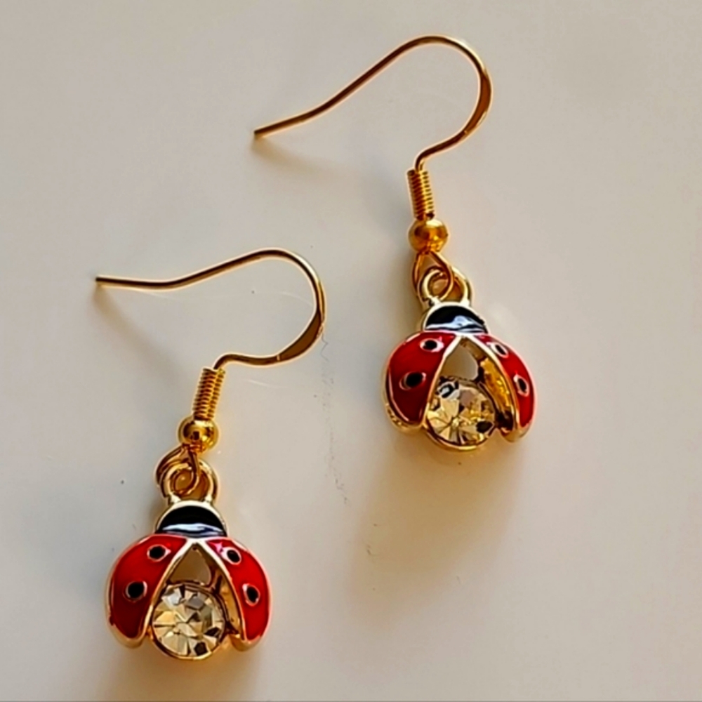 Lady Bug Earrings Beautiful Enamel Colors and Simulated Diamond Body